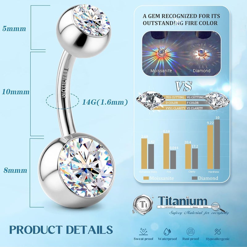 GEMQUEEN Moissanite ＆ G23 TItanium Belly Button Ring 18K Gold Plated Hypoallergenic Internally Threaded Belly Rings 14G Navel Piercing Jewelry For Women Men D Color VVS1 Clarity Brilliant Cut - Image 2